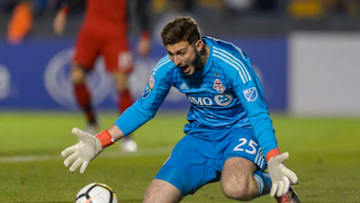MONTERREY, MEXICO - MARCH 13: Alex Bono, goalkeeper of Toronto, receives the ball during the quarterfinals second leg match between Tigres UANL and Toronto FC as part of the CONCACAF Champions League 2018 at Universitario Stadium on March 13, 2018 in Monterrey, Mexico. (Photo by Azael Rodriguez/Getty Images)