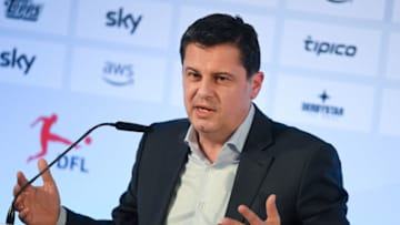 FRANKFURT AM MAIN, GERMANY - MARCH 16: Christian Seifert, CEO of the German Football League (DFL), speaks during a press conference following the general assembly of the DFL on March 16, 2020 in Frankfurt am Main, Germany. Members of the executive committee of the DFL and clubs of the Bundesliga and Second Bundesliga met to discuss the postponement of all matches until April 2, 2020 and it's consequences due to the ongoing spread of Covid-19 (Coronavirus). (Photo by Arne Dedert/Pool/Getty Images)