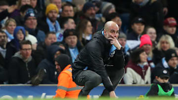 MANCHESTER, ENGLAND - JANUARY 29: Pep Guardiola the manager of Manchester City looks on during the Carabao Cup Semi Final match between Manchester City and Manchester United at Etihad Stadium on January 29, 2020 in Manchester, England. (Photo by Alex Livesey - Danehouse/Getty Images)