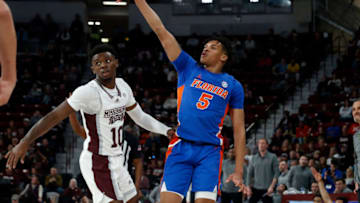 Jan 21, 2023; Starkville, Mississippi, USA; Florida Gators guard Will Richard (5) shoots during the first half against the Mississippi State Bulldogs at Humphrey Coliseum. Mandatory Credit: Petre Thomas-USA TODAY Sports