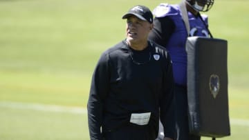 Jun 14, 2016; Baltimore, MD, USA; Baltimore Ravens offensive line coach Juan Castillo directs players during the first day of minicamp sessions at Under Armour Performance Center. Mandatory Credit: Tommy Gilligan-USA TODAY Sports