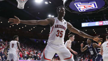 TUCSON, ARIZONA - DECEMBER 18: Center Christian Koloko #35 of the Arizona Wildcats defends during the NCAAB game at McKale Center on December 18, 2021 in Tucson, Arizona. The Arizona Wildcats won 84-60 against the California Baptist Lancers. (Photo by Rebecca Noble/Getty Images)
