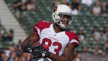 August 30, 2015; Oakland, CA, USA; Arizona Cardinals tight end Gerald Christian (83) catches the football before a preseason NFL football game against the Oakland Raiders at O.co Coliseum. The Cardinals defeated the Raiders 30-23. Mandatory Credit: Kyle Terada-USA TODAY Sports