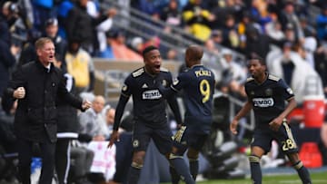 CHESTER, PA - OCTOBER 20: Union Forward Sergio Santos (17) celebrates with Union Forward Fafa Picault (9) after a goal in the second half during the MLS Playoff game between the New York Red Bulls and Philadelphia Union on October 20, 2019 at Talen Energy Stadium in Chester, PA. (Photo by Kyle Ross/Icon Sportswire via Getty Images)