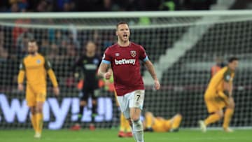 LONDON, ENGLAND - JANUARY 02: Marko Arnautovic of West Ham United celebrates after scoring his team's second goal during the Premier League match between West Ham United and Brighton & Hove Albion at London Stadium on January 2, 2019 in London, United Kingdom. (Photo by Marc Atkins/Getty Images)