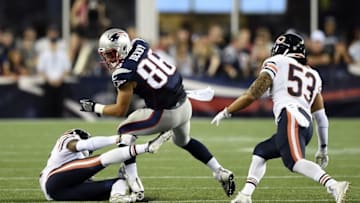 Aug 18, 2016; Foxborough, MA, USA; New England Patriots tight end A.J. Derby (86) runs with the ball while being pursued by Chicago Bears inside linebacker John Timu (53) during the first half at Gillette Stadium. Mandatory Credit: Bob DeChiara-USA TODAY Sports