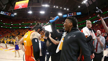 SALT LAKE CITY, UT - APRIL 21: Donovan Mitchell #45 of the Utah Jazz celebrates with Ricky Rubio #3 of the Utah Jazz after the game against the Oklahoma City Thunder in Game Three of Round One of the 2018 NBA Playoffs on April 21, 2018 at vivint.SmartHome Arena in Salt Lake City, Utah. Copyright 2018 NBAE (Photo by Melissa Majchrzak/NBAE via Getty Images)