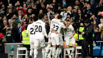 Real Madrid's players celebrate goal during La Liga match between Real Madrid and Valencia CF at Santiago Bernabeu Stadium in Madrid, Spain. December 01, 2018. (Photo by A. Ware/NurPhoto via Getty Images)