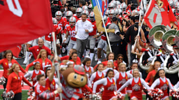 COLUMBUS, OH - SEPTEMBER 22: Head Coach Urban Meyer of the Ohio State Buckeyes leads his team on to the field before the start of a game against the Tulane Green Wave at Ohio Stadium on September 22, 2018 in Columbus, Ohio. (Photo by Jamie Sabau/Getty Images)