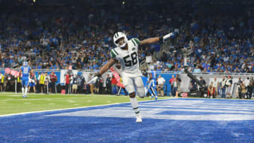 DETROIT, MI - SEPTEMBER 10: Darron Lee #58 of the New York Jets celebrates a play in the second half against the Detroit Lions at Ford Field on September 10, 2018 in Detroit, Michigan. (Photo by Rey Del Rio/Getty Images)