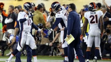 Feb 7, 2016; Santa Clara, CA, USA; Denver Broncos quarterback Peyton Manning (18) celebrates after a two point conversion during the fourth quarter against the Carolina Panthers in Super Bowl 50 at Levi