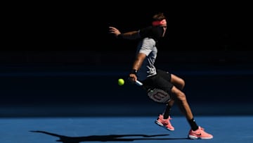 MELBOURNE, AUSTRALIA - JANUARY 18: Juan Martin Del Potro of Argentina plays a backhand in his second round match against Karen Khachanov of Russia on day four of the 2018 Australian Open at Melbourne Park on January 18, 2018 in Melbourne, Australia. (Photo by Quinn Rooney/Getty Images)