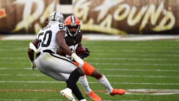 CLEVELAND, OH - NOVEMBER 1: Jarvis Landry #80 of the Cleveland Browns carries the ball against the Las Vegas Raiders at FirstEnergy Stadium on November 1, 2020 in Cleveland, Ohio. (Photo by Jamie Sabau/Getty Images)