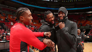 MIAMI, FL - DECEMBER 16: Josh Richardson #0 of the Miami Heat with DeAndre Jordan #6 and Willie Reed #35 of the LA Clippers before the game on December 16, 2017 at American Airlines Arena in Miami, Florida. NOTE TO USER: User expressly acknowledges and agrees that, by downloading and/or using this photograph, user is consenting to the terms and conditions of the Getty Images License Agreement. Mandatory Copyright Notice: Copyright 2017 NBAE (Photo by Issac Baldizon/NBAE via Getty Images)