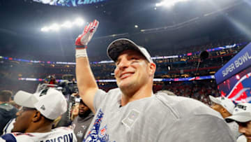 ATLANTA, GA - FEBRUARY 03: Rob Gronkowski #87 of the New England Patriots celebrates his team's victory in the Super Bowl LIII at Mercedes-Benz Stadium on February 3, 2019 in Atlanta, Georgia. The New England Patriots defeat the Los Angeles Rams 13-3. (Photo by Kevin C. Cox/Getty Images)