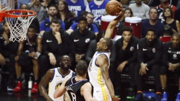 LOS ANGELES, CA - APRIL 26: Andre Iguodala #9 of the Golden State Warriors shoots the ball against the LA Clippers during Game Six of Round One of the 2019 NBA Playoffs on April 26, 2019 at STAPLES Center in Los Angeles, California. NOTE TO USER: User expressly acknowledges and agrees that, by downloading and/or using this photograph, user is consenting to the terms and conditions of the Getty Images License Agreement. Mandatory Copyright Notice: Copyright 2019 NBAE (Photo by Chris Elise/NBAE via Getty Images)