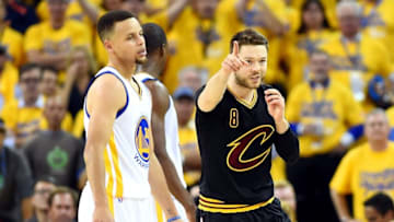 Jun 13, 2016; Oakland, CA, USA; Cleveland Cavaliers guard Matthew Dellavedova (8) reacts to a play against Golden State Warriors guard Stephen Curry (30) during the second quarter in game five of the NBA Finals at Oracle Arena. Mandatory Credit: Bob Donnan-USA TODAY Sports