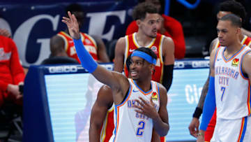 OKC Thunder guard Shai Gilgeous-Alexander (2) reacts after a play against the Atlanta Hawks: Alonzo Adams-USA TODAY Sports