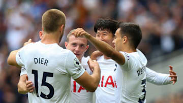 LONDON, ENGLAND - AUGUST 29: Heung-Min Son of Tottenham Hotspur celebrates scoring the opening goal with team mates during the Premier League match between Tottenham Hotspur and Watford at Tottenham Hotspur Stadium on August 29, 2021 in London, England. (Photo by Craig Mercer/MB Media/Getty Images)