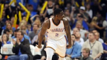 Mar 18, 2015; Oklahoma City, OK, USA; Oklahoma City Thunder guard Anthony Morrow (2) reacts after a made 3 point shot against the Boston Celtics during the third quarter at Chesapeake Energy Arena. Mandatory Credit: Mark D. Smith-USA TODAY Sports