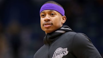 NEW ORLEANS, LA - MARCH 22: Isaiah Thomas #3 of the Los Angeles Lakers reacts before a game against the New Orleans Pelicans at the Smoothie King Center on March 22, 2018 in New Orleans, Louisiana. NOTE TO USER: User expressly acknowledges and agrees that, by downloading and or using this photograph, User is consenting to the terms and conditions of the Getty Images License Agreement. (Photo by Jonathan Bachman/Getty Images)