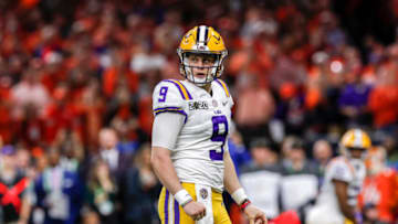 NEW ORLEANS, LA - JANUARY 13: Quarterback Joe Burrow #9 of the LSU Tigers during the College Football Playoff National Championship game against the Clemson Tigers at the Mercedes-Benz Superdome on January 13, 2020 in New Orleans, Louisiana. LSU defeated Clemson 42 to 25. (Photo by Don Juan Moore/Getty Images)