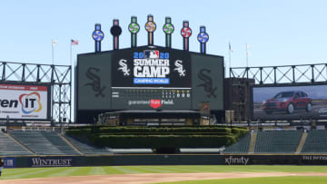 CHICAGO - JULY 13: A general view of the Chicago White Sox scoreboard featuring graphics on Summer Camp presented by Camping World as seen during a summer workout intrasquad game as part of Major League Baseball Spring Training 2.0 on July 13, 2020 at Guaranteed Rate Field in Chicago, Illinois. (Photo by Ron Vesely/Getty Images)