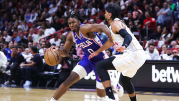 Tyrese Maxey #0 of the Philadelphia 76ers drives against Gabe Vincent #2 of the Miami Heat(Photo by Megan Briggs/Getty Images)