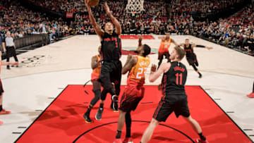 PORTLAND, OR - FEBRUARY 11: CJ McCollum #3 of the Portland Trail Blazers shoots the ball against the Utah Jazz on February 11, 2018 at the Moda Center Arena in Portland, Oregon. NOTE TO USER: User expressly acknowledges and agrees that, by downloading and or using this photograph, user is consenting to the terms and conditions of the Getty Images License Agreement. Mandatory Copyright Notice: Copyright 2018 NBAE (Photo by Cameron Browne/NBAE via Getty Images)
