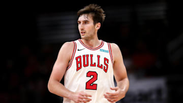 CHICAGO, ILLINOIS - OCTOBER 17: Luke Kornet #2 of the Chicago Bulls jogs across the court in the second quarter against the Atlanta Hawks during a preseason game at the United Center on October 17, 2019 in Chicago, Illinois. NOTE TO USER: User expressly acknowledges and agrees that, by downloading and/or using this photograph, user is consenting to the terms and conditions of the Getty Images License Agreement. (Photo by Dylan Buell/Getty Images)