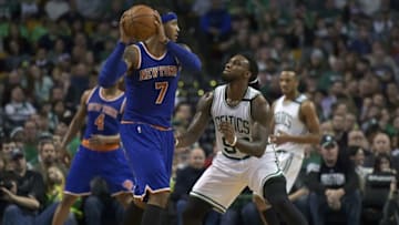 Dec 27, 2015; Boston, MA, USA; Boston Celtics forward Jae Crowder (99) guards New York Knicks forward Carmelo Anthony (7) during the second half at TD Garden. Mandatory Credit: Bob DeChiara-USA TODAY Sports