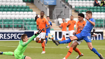 TALLAGHT, IRELAND - MAY 19: Sebastiano Esposito of Italy and Ki-Jana Hoever of Netherlands during the 2019 UEFA U17 European Championship Final between Netherlands and Italy at Tallaght Stadium on May 19, 2019 in Tallaght, Ireland. (Photo by Charles McQuillan/Getty Images)