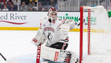 BOSTON, MA - MARCH 18: Devon Levi #1 of the Northeastern Huskies tends goal against the Connecticut Huskies during the second period during NCAA men's hockey in the Hockey East Championship semifinal at TD Garden on March 18, 2022 in Boston, Massachusetts. Connecticut won 4-1. (Photo by Richard T Gagnon/Getty Images)