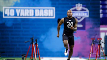 INDIANAPOLIS, IN - FEBRUARY 27: Wide receiver Kalija Lipscomb of Vanderbilt runs the 40-yard dash during the NFL Scouting Combine at Lucas Oil Stadium on February 27, 2020 in Indianapolis, Indiana. (Photo by Joe Robbins/Getty Images)