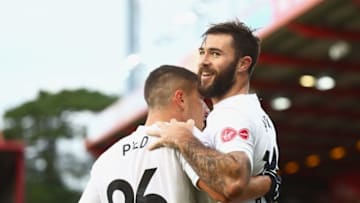 BOURNEMOUTH, ENGLAND - DECEMBER 03: Charlie Austin of Southampton celebrates after scoring his sides first goal with Jeremy Pied of Southampton during the Premier League match between AFC Bournemouth and Southampton at Vitality Stadium on December 3, 2017 in Bournemouth, England. (Photo by Clive Rose/Getty Images)