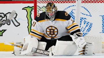 NEWARK, NJ - DECEMBER 31: Goalie Jaroslav Halak #41 of the Boston Bruins makes a save during an NHL hockey game against the New Jersey Devils on December 31, 2019 at the Prudential Center in Newark, New Jersey. Devils won 3-2 in a shootout. (Photo by Paul Bereswill/Getty Images)