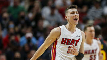 Miami Heat guard Tyler Herro (14) reacts on the court(Sam Navarro-USA TODAY Sports)
