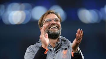 MANCHESTER, ENGLAND - APRIL 10: Jurgen Klopp of Liverpool applauds the fans after victory in the Quarter Final Second Leg match between Manchester City and Liverpool at Etihad Stadium on April 10, 2018 in Manchester, England. (Photo by Laurence Griffiths/Getty Images,)