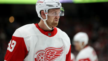 ANAHEIM, CALIFORNIA - NOVEMBER 12: Anthony Mantha #39 of the Detroit Red Wings l;ooks on during the second period of a game against the Anaheim Ducks at Honda Center on November 12, 2019 in Anaheim, California. (Photo by Sean M. Haffey/Getty Images)
