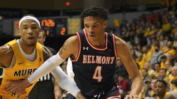 Feb 24, 2022; Murray, Kentucky, USA; Belmont Bruins guard Will Richard (4) drives against the Murray State Racers during first half at CFSB Center. Mandatory Credit: Steve Roberts-USA TODAY Sports