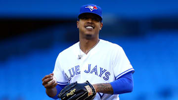 TORONTO, ON - JUNE 18: Marcus Stroman #6 of the Toronto Blue Jays smiles in the direction of the dugout in the first inning during a MLB game against the Los Angeles Angels of Anaheim at Rogers Centre on June 18, 2019 in Toronto, Canada. (Photo by Vaughn Ridley/Getty Images)