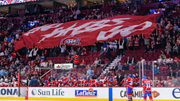 MONTREAL, QC - SEPTEMBER 21: Fans raise the Go Haps Go banner before the first period of the NHL preseason game between the New Jersey Devils and the Montreal Canadiens on September 21, 2017, at the Bell Centre in Montreal, QC. (Photo by Vincent Ethier/Icon Sportswire via Getty Images)