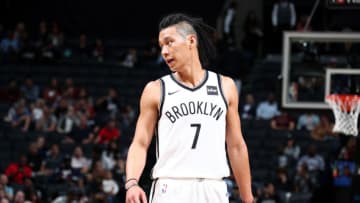 BROOKLYN, NY - OCTOBER 5: Jeremy Lin #7 of the Brooklyn Nets looks on during the game against the Miami Heat during a preseason game on October 5, 2017 at Barclays Center in Brooklyn, New York. NOTE TO USER: User expressly acknowledges and agrees that, by downloading and or using this Photograph, user is consenting to the terms and conditions of the Getty Images License Agreement. Mandatory Copyright Notice: Copyright 2017 NBAE (Photo by Nathaniel S. Butler/NBAE via Getty Images)