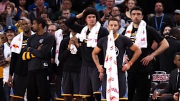 Nov 26, 2016; Oakland, CA, USA; Golden State Warriors bench during the second quarter against the Minnesota Timberwolves at Oracle Arena. Mandatory Credit: Kelley L Cox-USA TODAY Sports