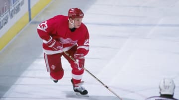 18 Nov 1996: Center Greg Johnson of the Detroit Red Wings moves the puck during a game against the Phoenix Coyotes at the America West Arena in Phoenix, Arizona. The game was a tie, 2-2. Mandatory Credit: Glenn Cratty /Allsport
