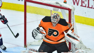 Mar 30, 2016; Philadelphia, PA, USA; Philadelphia Flyers goalie Steve Mason (35) makes a save against the Washington Capitals during the third period at Wells Fargo Center. The Flyers defeated the Capitals, 2-1 in a shootout. Mandatory Credit: Eric Hartline-USA TODAY Sports