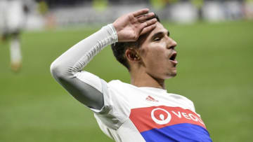 Lyon's French midfielder Houssem Aouar celebrates after scoring a goal during the Europa League (C3) football match Olympique Lyonnais (OL) versus Everton FC on November 2, 2017 at the Groupama Stadium in Decines-Charpieu, central-eastern France. / AFP PHOTO / JEFF PACHOUD (Photo credit should read JEFF PACHOUD/AFP/Getty Images)