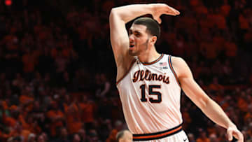 CHAMPAIGN, IL - FEBRUARY 07: Illinois Fighting Illini forward Giorgi Bezhanishvili (15) pumps up the crowd during the Big Ten Conference college basketball game between the Maryland Terrapins and the Illinois Fighting Illini on February 7, 2020, at the State Farm Center in Champaign, Illinois. (Photo by Michael Allio/Icon Sportswire via Getty Images)