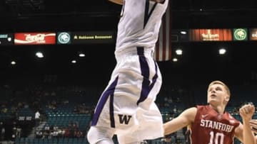 March 9, 2016; Las Vegas, NV, USA; Washington Huskies forward Marquese Chriss (0) dunks the basketball against Stanford Cardinal forward Michael Humphrey (10) during the second half of the Pac-12 Conference tournament at MGM Grand Garden Arena. The Huskies defeated the Cardinal 91-68. Mandatory Credit: Kyle Terada-USA TODAY Sports
