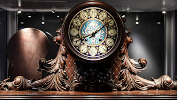 The original clock from the first class public rooms on the Carpathia, on display during a preview of the Titanic Stories exhibition at the National Maritime Museum Cornwall, Falmouth, which opens on March 8. (Photo by Ben Birchall/PA Images via Getty Images)